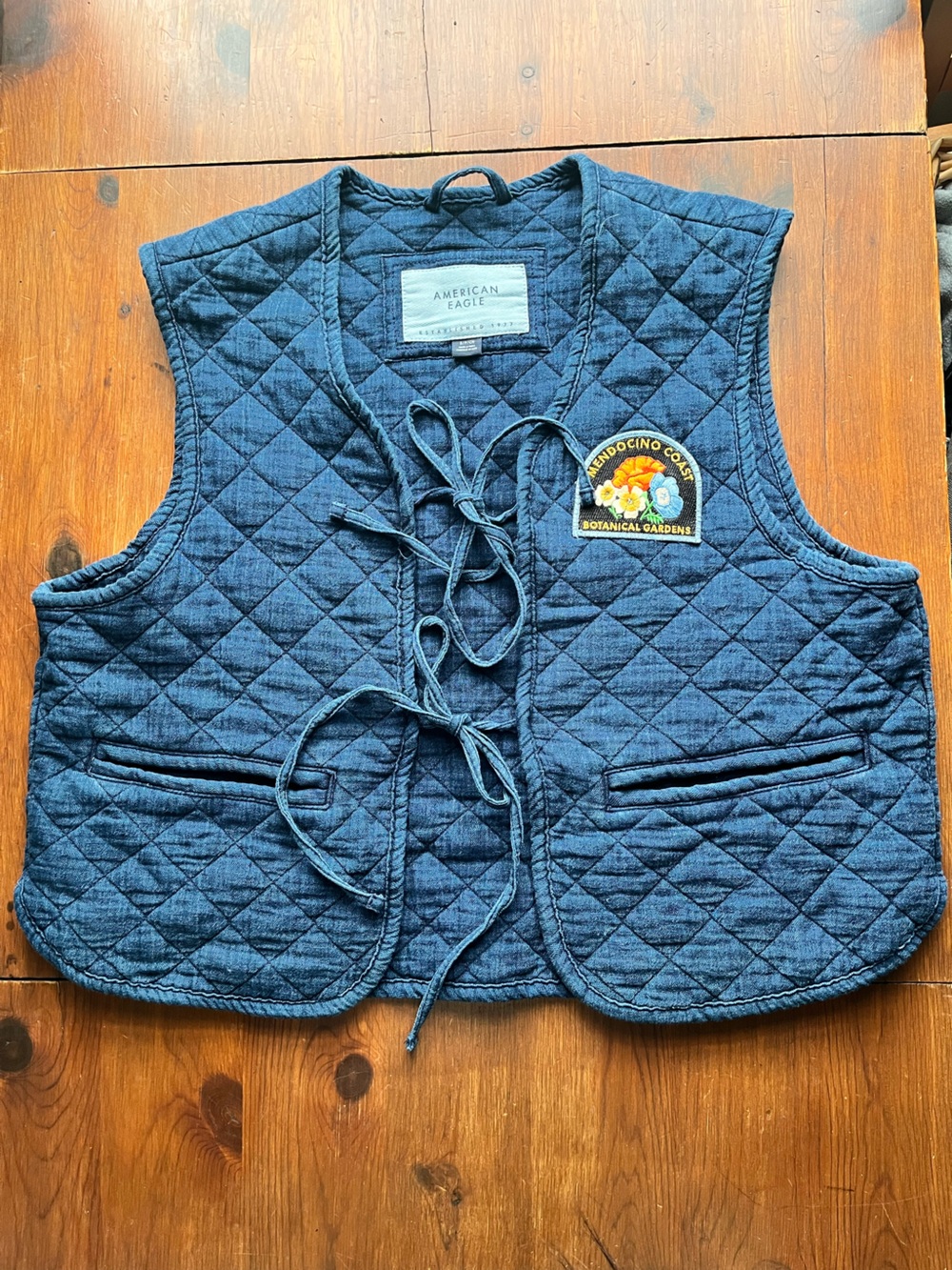 American Eagle Outfitters Quilted Indigo Blue Tie-Front Vest